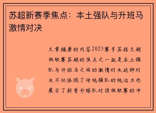 苏超新赛季焦点：本土强队与升班马激情对决
