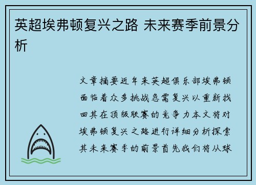 英超埃弗顿复兴之路 未来赛季前景分析